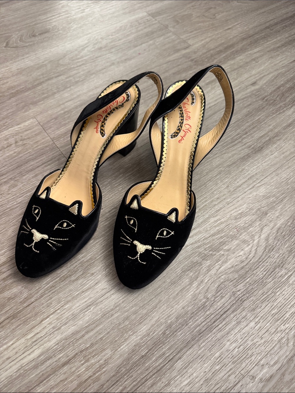 Charlotte Olympia Black Velvet Cat Face Slingback Heels with Gold Embroidery